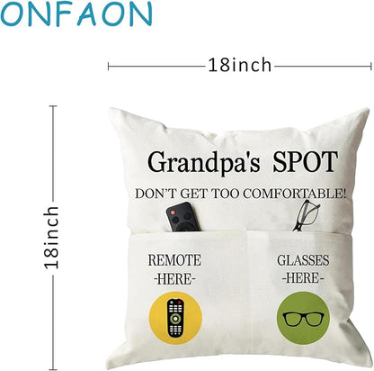 ONFAON Grandpa Gifts,Grandpa's Spot Throw Pillow Covers 18x18 Inch for Bed Sofa Couch,Birthday Christmas Thanksgiving Day Gifts for Grandpa Stepdad,2-Pocket