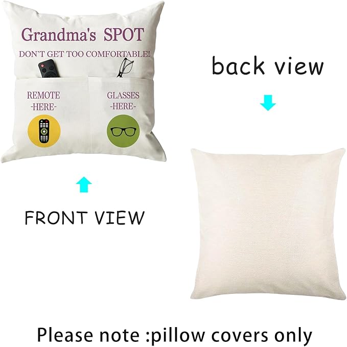 ONFAON Grandma Gifts, Grandma's Spot Throw Pillow Covers 18x18 Inch,Birthday Christmas Thanksgiving Day Gifts for Grandma Mom,2-Pocket