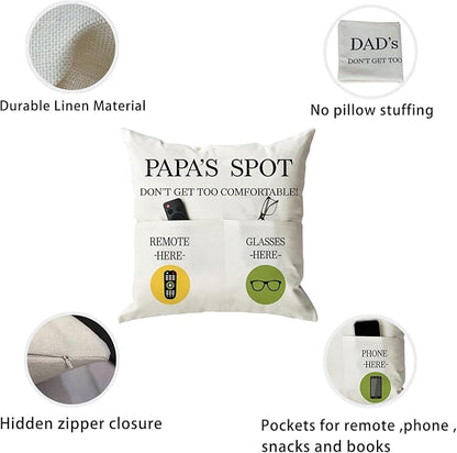 ONFAON Papa Gifts Throw Pillow Case, Papa's Spot Throw Pillow Covers 18 x 18 Inch,Birthday Christmas Thanksgiving Day Gifts for Papa Stepdad 2-Pocket
