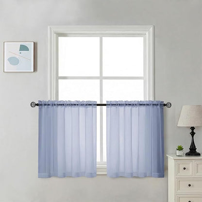 Chyhomenyc Sheer Curtains 30 inch Length 2 Panels - Light Filtering Voile Rod Pocket Short Window Curtians for Bathroom Living Room Farmhouse Small Windows, 42Wx30L inches, Denim Blue