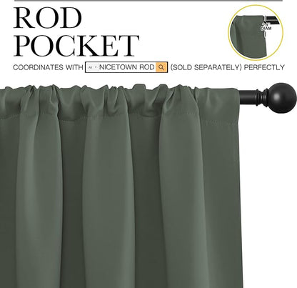 NICETOWN Bedroom Curtains Blackout Draperies - All Season Thermal Insulated Solid Rod Pocket Top Blackout Curtains/Drapes for Kid's Room (Dark Mallard, 1 Pair, 34 x 72 Inch)