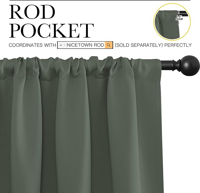 NICETOWN Bedroom Curtains Blackout Draperies - All Season Thermal Insulated Solid Rod Pocket Top Blackout Curtains/Drapes for Kid's Room (Dark Mallard, 1 Pair, 34 x 54 Inch)