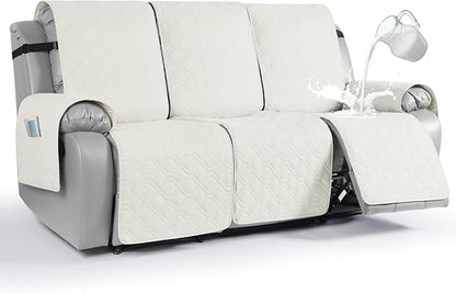 VANSOFY Waterproof Recliner Couch Covers, Sofa Covers 1-Piece Washable Reclining Sofa Cover Non-Slip Furniture Protector with Elastic Straps Pocket for Dogs, Pets(Off White,3 Seater)