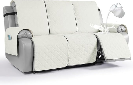 VANSOFY Waterproof Recliner Couch Covers, Sofa Covers 1-Piece Washable Reclining Sofa Cover Non-Slip Furniture Protector with Elastic Straps Pocket for Dogs, Pets(Off White,3 Seater)