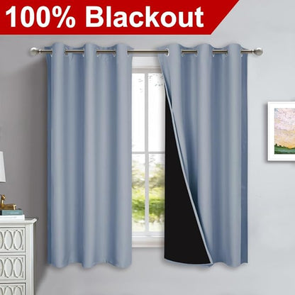 NICETOWN 100% Blackout Curtains 45 inches Long, 1 Pair, 42 inches Width Each Panel, Vintage Blue, 2 Thick Layers Completely Blackout Window Treatment Thermal Insulated Lined Drapes for Small Window