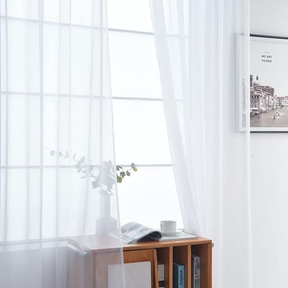 SpaceDresser Basic Rod Pocket Sheer Voile Window Curtain Panels White 1 Pair 2 Panels 70 Width 95 Inch Long for Kitchen Bedroom Children Living Room Yard(White,70 W x 96 L)