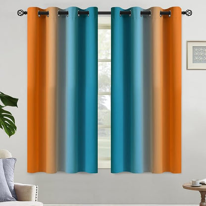 Yakamok Orange and Blue Blackout Curtains, Ombre Full Room Darkening Window Curtains for Living Room,Grommet Thermal Insulated Drapes,Light Blocking Curtains for Girls Bedroom,52x54 Inch, 2 Panels