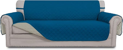 Easy-Going 4 Seater Sofa Slipcover Reversible Sofa Cover Water Resistant Couch Cover with Foam Sticks Elastic Straps Furniture Protector for Pets Children Dog Cat (XX-Large, PeacockBlue/Beige)