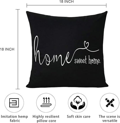 MFGNEH Home Sweet Home Quotes Farmhouse Pillow Covers 18x18 Inch,Farmhouse Decorative Lumbar Throw Pillow Case Cushion Cover,Housewarming Gift,Black