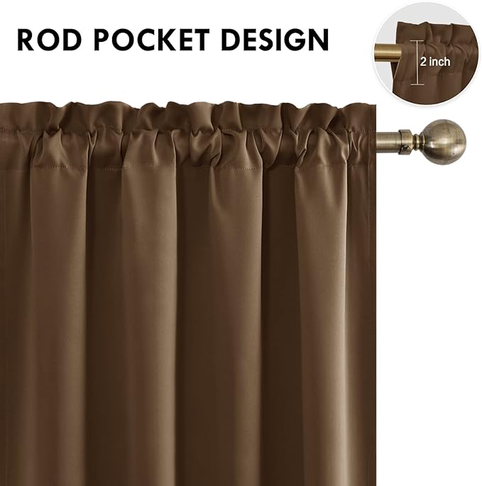 DWCN Blackout Curtains Room Darkening Thermal Insulated Bedroom Curtains Window Curtain Panels, 52 x 54 inches Long, Set of 2 Brown Rod Pocket Drapes