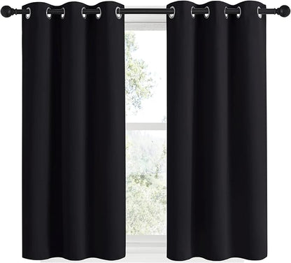NICETOWN Bathroom Blackout Curtains and Drapes 48 inches Length, Black Solid Thermal Insulated Grommet Blackout Drapery Panels for Window (2 Panels, 34 inches Wide, Black)