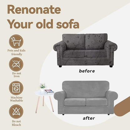 WEERRW Velvet Couch Covers for 2 Cushion Couch Sofa - High Stretch Luxury Velvet Plush 3 Pieces Sofa Slipcovers with Elastic Bottom, Furniture Protector for Pets, Machine Washable, Silver Grey, Medium