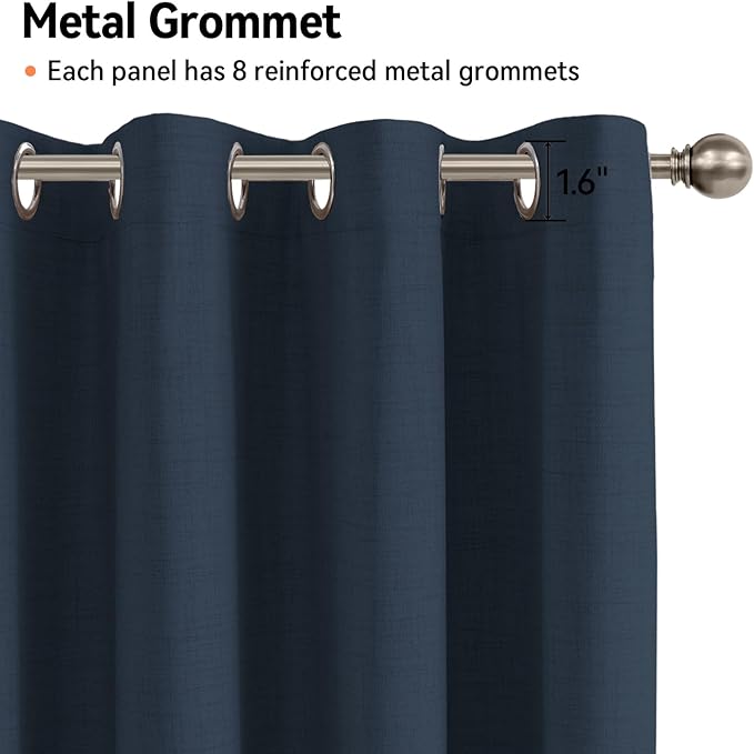 100% Blackout Shield Linen Blackout Curtains for Bedroom, Navy Blue Grommet Curtains for Living Room, Thermal Insulated Room Darkening Drapes for Nursery, Boho Home Decor, 50" W x 72" L, 2 Panels