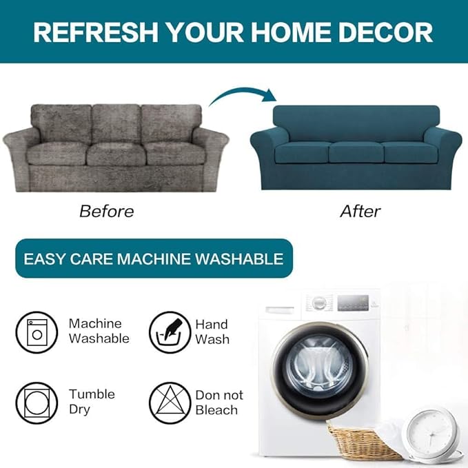 Turquoize 4 Piece Sofa Covers for 3 Cushion Couch Sofa Slipcover Soft Couch Cover for Dogs Washable Furniture Cover with 3 Individual Large Cushion Covers Feature Fabric (Large Sofa, Deep Teal)