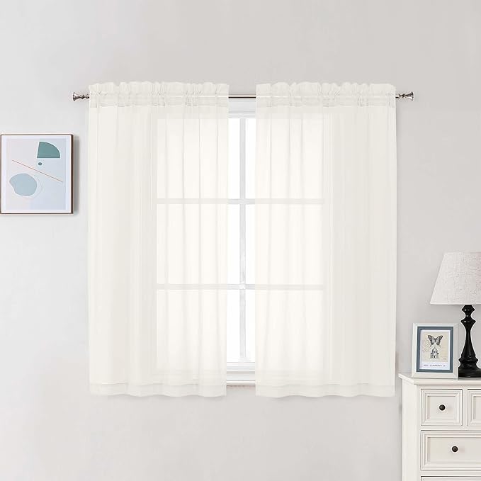 Chyhomenyc Ivory Sheer Curtains 48 Inch Long, Light Filtering Solid Color Bedroom Window Sheer Curtain Panels, Elegant Short Curtains & Drapes for Living Room, 42Wx48L, 2 Panels