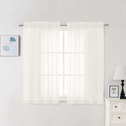 Chyhomenyc Ivory Sheer Curtains 48 Inch Long, Light Filtering Solid Color Bedroom Window Sheer Curtain Panels, Elegant Short Curtains & Drapes for Living Room, 42Wx48L, 2 Panels