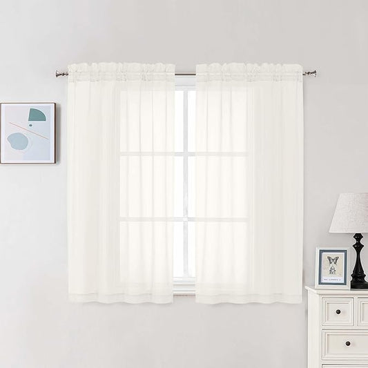 Chyhomenyc Ivory Sheer Curtains 48 Inch Long, Light Filtering Solid Color Bedroom Window Sheer Curtain Panels, Elegant Short Curtains & Drapes for Living Room, 42Wx48L, 2 Panels