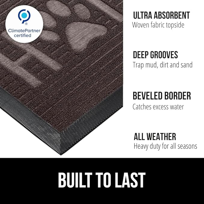 GORILLA GRIP 100% Waterproof All-Season WeatherMAX Doormat 35x23, US Designed Natural Rubber, Stain and Fade Resistant, Low Profile Indoor Outdoor Door Mats, Easy Clean Patio Mat, Espresso Home Paw