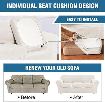 H.VERSAILTEX Real Velvet Plush 3 Piece Stretch Sofa Covers Couch Covers for 2 Cushion Couch Loveseat Covers Width Up to 72 Inch Feature Thick Soft Stay in Place (Medium Sofa, Porcelain White)