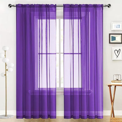 SpaceDresser Sheer Voile Window Treatment Rod Pocket Curtain Panels for Kitchen Bedroom Living Room Drapes Sunlight Filtering Privacy Semi Home Decor Assorted (Purple, 52 W x 72 L)