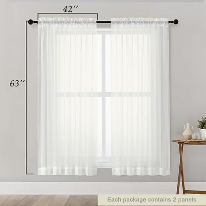 Sheer Ivory Curtains for Bedroom Living Room 63 Inch Length 2 Panels, Airy Soft Light Filtering Sheer Dining Room Curtains, Modern Rod Pocket Drapes, Ivory, Each 42" Wx63 L Inches