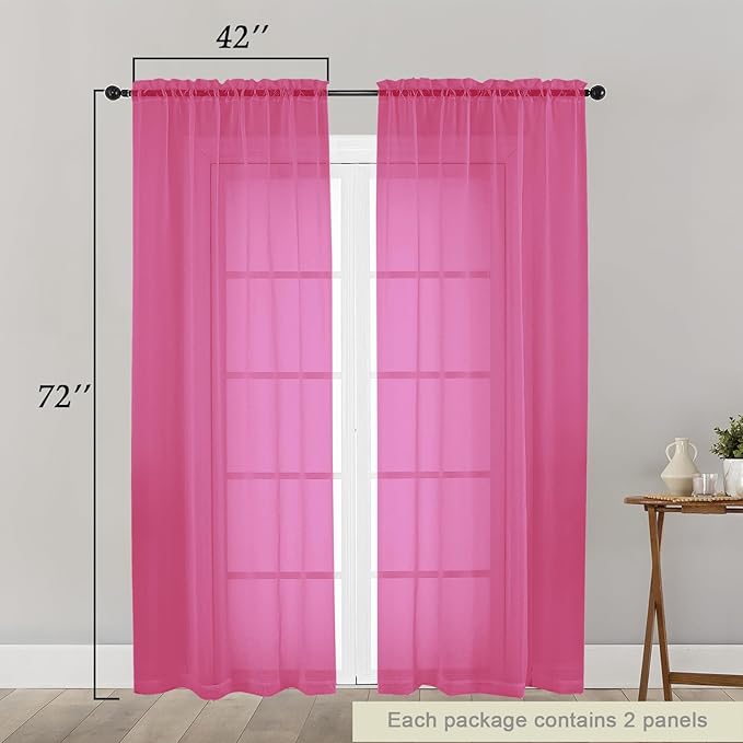 Hot Pink Sheer Curtain for Bedroom Living Room 72 Inches Long 2 Panels Set, Solid Soft Airy Light Filtering Sheer Window Curtains, Modern Rod Pocket Door Curtain, Hot Pink, 42" Wx72 L Inches