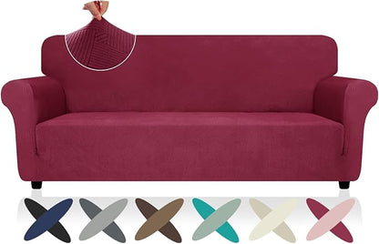 ZNSAYOTX Super Stretch Couch Cover (72"-92"), New Striped Sofa Covers Fitted Slipcovers with Elastic Bottom, Dog Cat Pets Proof Spandex Fabric Comfortable & Durable (Wine Red, Sofa)
