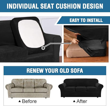 H.VERSAILTEX Rich Velvet Stretch 2 Piece Cover Chair Slipcover Sofa Cover Furniture Protector Couch Soft with Elastic Bottom Chair Couch Cover with Arms Width Up to 49 Inch(Chair, Black)