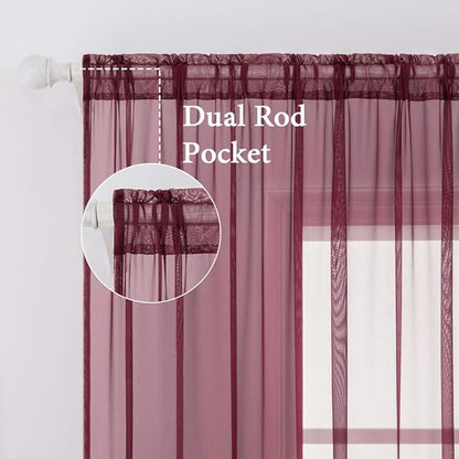 MIULEE 2 Panels Solid Color Sheer Christmas Window Curtains Elegant Window Voile Panels/Drapes/Treatment for Bedroom Living Room (54X63 Inches Wine Red)
