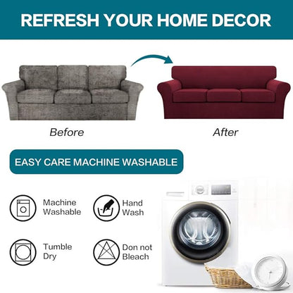 Turquoize 4 Piece Sofa Covers For 3 Cushion Couch Sofa Slipcover Soft Couch Cover For Dogs-Washable Sofa Furniture Covers With 3 Individual Large Cushion Covers Feature Thick Fabric(XL Sofa, Burgundy)