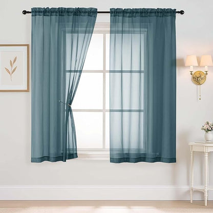 Dusty Blue Sheer Curtains 63 Inch Length 2 Panels, Voile Sheer Curtain for Living Room, Breathable Light Filtering Window Treatments, Soft Fabric Dual Rod Pocket Drapes, 2x42Wx63L Inches