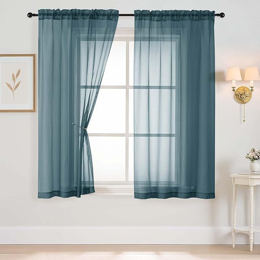 Dusty Blue Sheer Curtains 63 Inch Length 2 Panels, Voile Sheer Curtain for Living Room, Breathable Light Filtering Window Treatments, Soft Fabric Dual Rod Pocket Drapes, 2x42Wx63L Inches