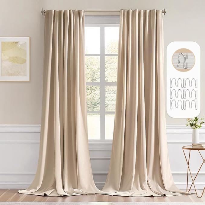MIULEE Back Tab Beige Curtains 108 Inch Long 2 Panels Set for Living Room Bedroom Privacy, Cream Rod Pocket/Pinch Pleated Light Blocking Extra Long Thermal Insulated Room Darkening Blackout Drapes