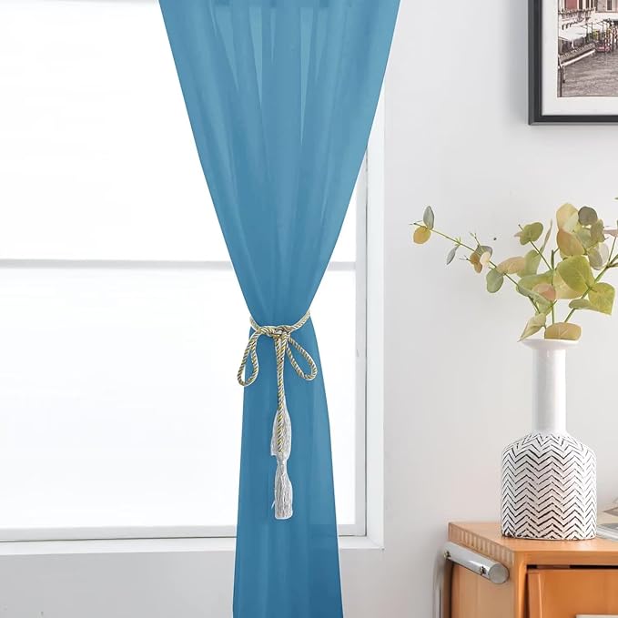 SpaceDresser Basic Rod Pocket Sheer Voile Window Curtain Panels Blue 1 Pair 2 Panels 52 Width 90 Inch Long for Kitchen Bedroom Children Living Room Yard（Blue, 52W x 90L）