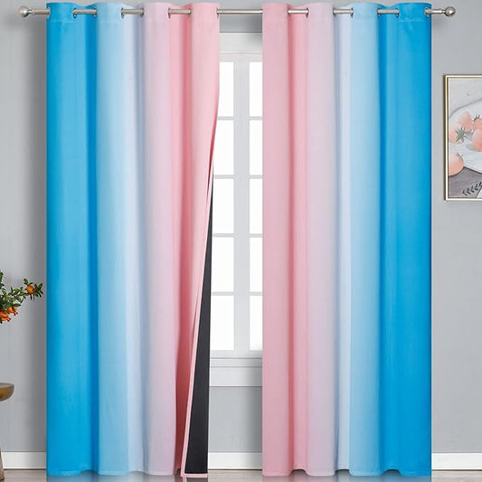 Pink and Blue Blackout Curtains 84 Inches Long,Ombre and Wave Line Pattern Grommet Thermal Insulated Gradient Blackout Curtains for Bedroom,Full Light Blocking Drapes for Kid Room,52x84 Inch,2 Panels