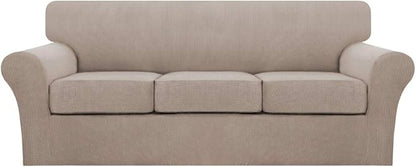 Turquoize 4 Piece Sofa Covers for 3 Cushion Couch Sofa Slipcover Soft Couch Cover for Dogs Washable Furniture Cover with 3 Individual Large Cushion Covers Feature Fabric (Large Sofa, Sand)