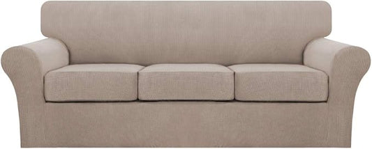 Turquoize 4 Piece Sofa Covers for 3 Cushion Couch Sofa Slipcover Soft Couch Cover for Dogs Washable Furniture Cover with 3 Individual Large Cushion Covers Feature Fabric (Large Sofa, Sand)