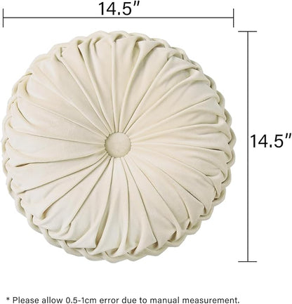 HIG Set of 2 Decorative Round Pleated Throw Pillows,Classy Accent Pumpkin Throw Pillows with Center Button,Vintage Velvet Floor Pillows for Sofa Vanity Chair Bed, Beige,14.5" Diameter(Ripple)