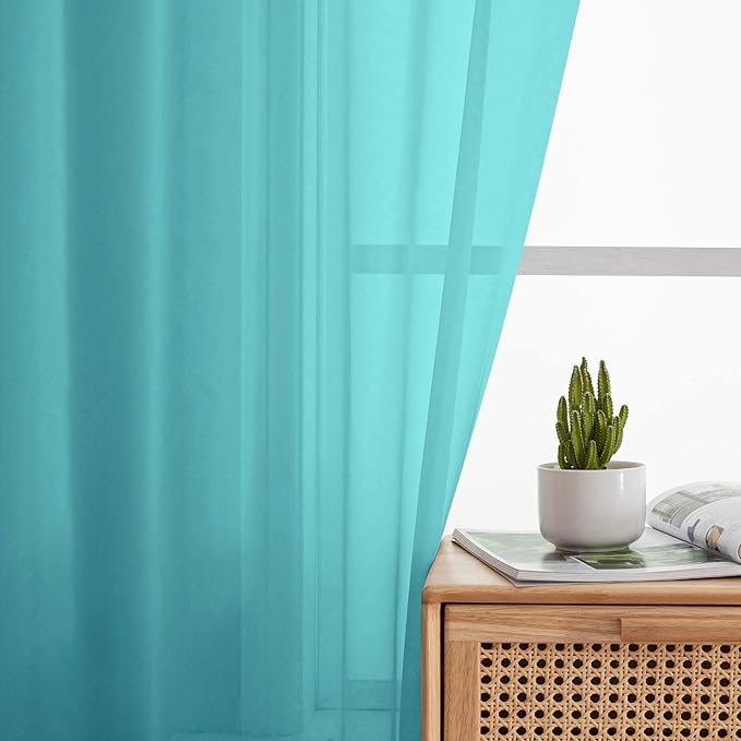 Turquoise Valances for Windows, Turquoise Sheer Curtains 14 Inch Length 2 Pack Kitchen Drapes, Modern Solid Mini Small Window Curtains for Cafe Bathroom Basement, Each 42" Wx14 L Inches