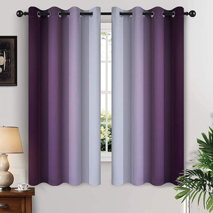Yakamok Thermal Insulated Ombre Curtains 63 Inch Length 2 Panels, Greyish White and Purple Light Blocking Gradient Color Curtains, Room Darkening Grommet Window Drapes for Bedroom