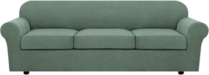 H.VERSAILTEX 4 Piece Stretch Sofa Covers for 3 Cushion Couch Covers for Living Room Furniture Slipcovers (Base Cover Plus 3 Seat Cushion Covers) Thicker Jacquard Fabric (Large Sofa, Loden Frost)