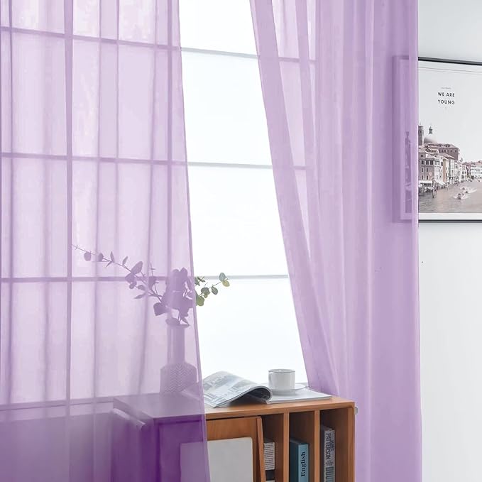 SpaceDresser Sheer Voile Window Treatment Rod Pocket Curtain Panels for Kitchen Bedroom Living Room Drapes Sunlight Filtering Privacy Semi Home Decor Assorted (Lavender, 52 W x 96 L)