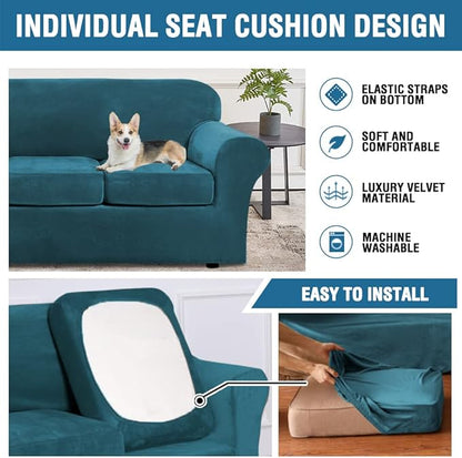 H.VERSAILTEX Real Velvet Plush 3 Piece Stretch Sofa Covers Couch Covers for 2 Cushion Couch Loveseat Covers Width Up to 72 Inch Feature Thick Soft Stay in Place (Medium Sofa, Deep Teal)