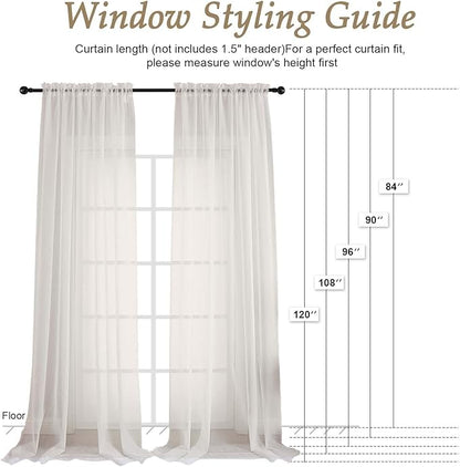 OVZME Ivory Bedroom Curtains 96 Length for Farmhouse, 59 Inch Extra Wide Light Filtering Voile Drapes Light Airy Window Decor for Patio Door Living Room Bedroom Dining, 59Wx96L Inches
