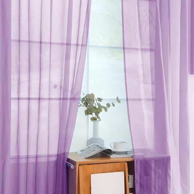 youleyar Solid Sheer Rod Pocket Curtain Voile Draperies 2 Panels White Beige Black Grey Coffee 52 Inch Width 63 Inch Long 1 Pair for Kitchen Bedroom Children Living Room Yard (Lavender,52Wｘ63L)