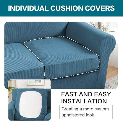 Turquoize 4 Piece Sofa Covers For 3 Cushion Couch Sofa Slipcover Soft Couch Cover For Dogs-Washable Sofa Furniture Covers With 3 Individual Cushion Covers, Jacquard Fabric (3 Cushion Sofa, Dusty Blue)