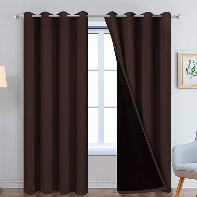 Yakamok 100% Blackout Curtains for Bedroom, 2 Thick Layers Thermal Insulated Grommet Total Blackout Drapes with Black Liner for Living Room (52Wx90L,Chocolate Brown, 2 Panels)