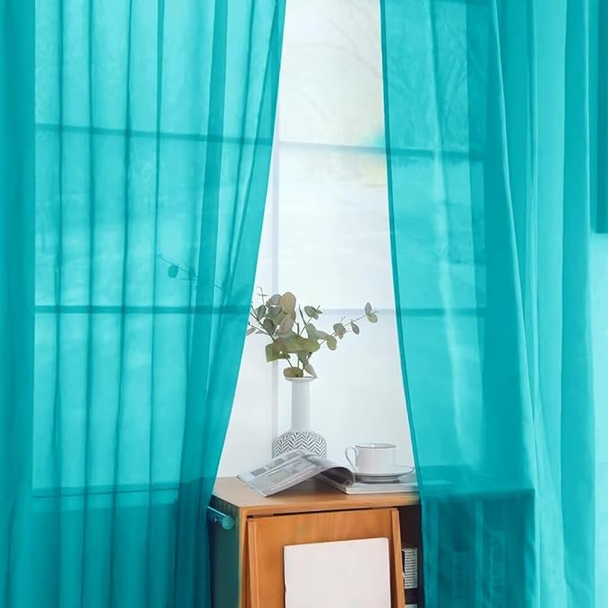 youleyar Solid Sheer Rod Pocket Curtain Voile Draperies 2 Panels White Beige Black Grey Coffee 52 Inch Width 84 Inch Long 1 Pair for Kitchen Bedroom Children Living Room Yard (Peacock Blue,52Wｘ84L)