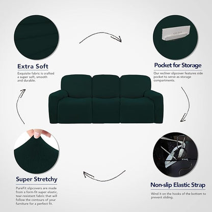 PureFit Super Stretch 3 Seats Recliner Sofa Couch Cover with Pocket – Non Slip Soft Sofa Slipcover, Washable Spandex Reclining Furniture Protector for Kids, Pets (Recliner Sofa, Deep Teal)