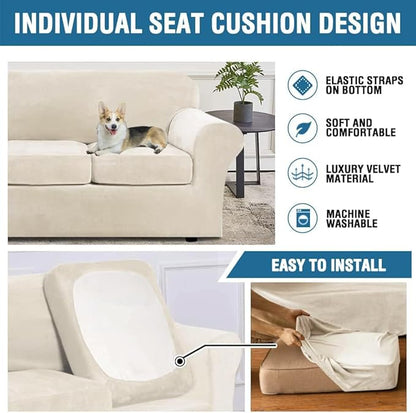 H.VERSAILTEX Modern Velvet Plush 4 Piece High Stretch Sofa Slipcover Furniture Protector Form Fit Luxury Thick Velvet Extra Large Sofa Cover for 3 Cushion Couch Width Up to 105 Inch(XL Sofa, Ivory)